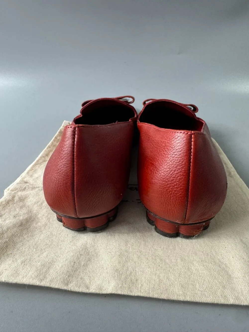 Salvatore Ferragamo Red Leather Hausen Bow-detail Flat Pumps, Size 8.5